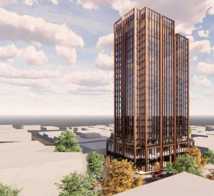 Image of proposed new tech-hotel at 75 East 8th Avenue./ From rezoning application submitted to City of Vancouver