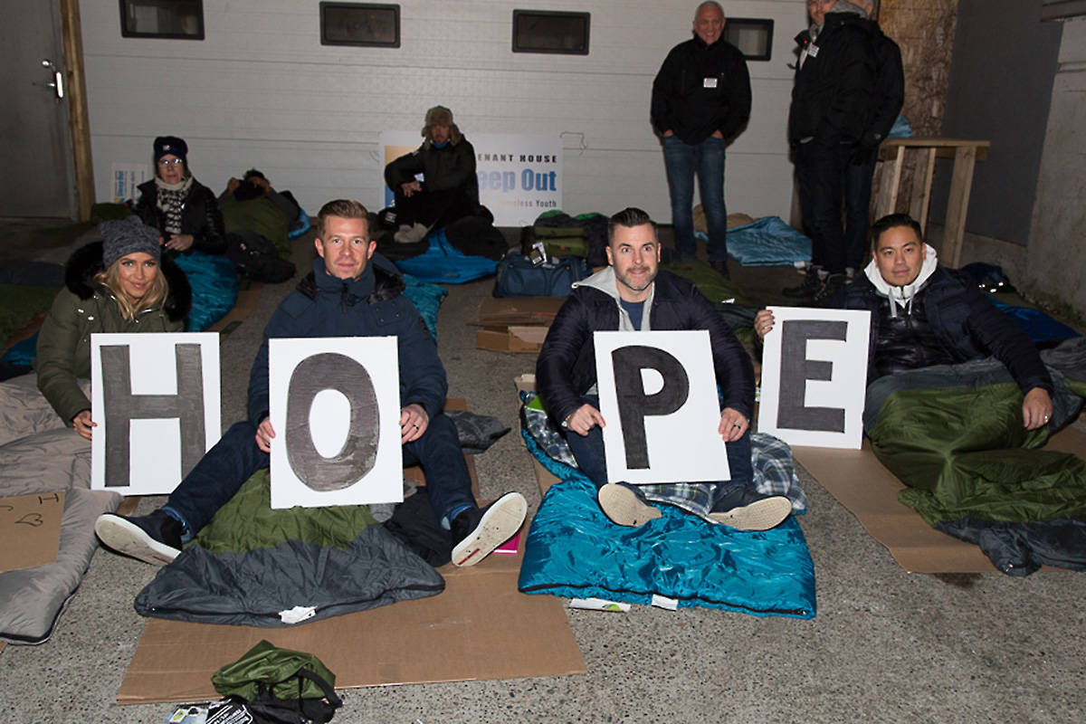 Joseph Richard Group’s Ryan Moreno (far right) and Matthew Stowe (second from right) at last year’s Vancouver Sleep Out event in support of Covenant House. This year Stowe will be sleeping out at Oak &Thorne in Langley Nov. 13 and three days later in Vancouver. Submitted pic